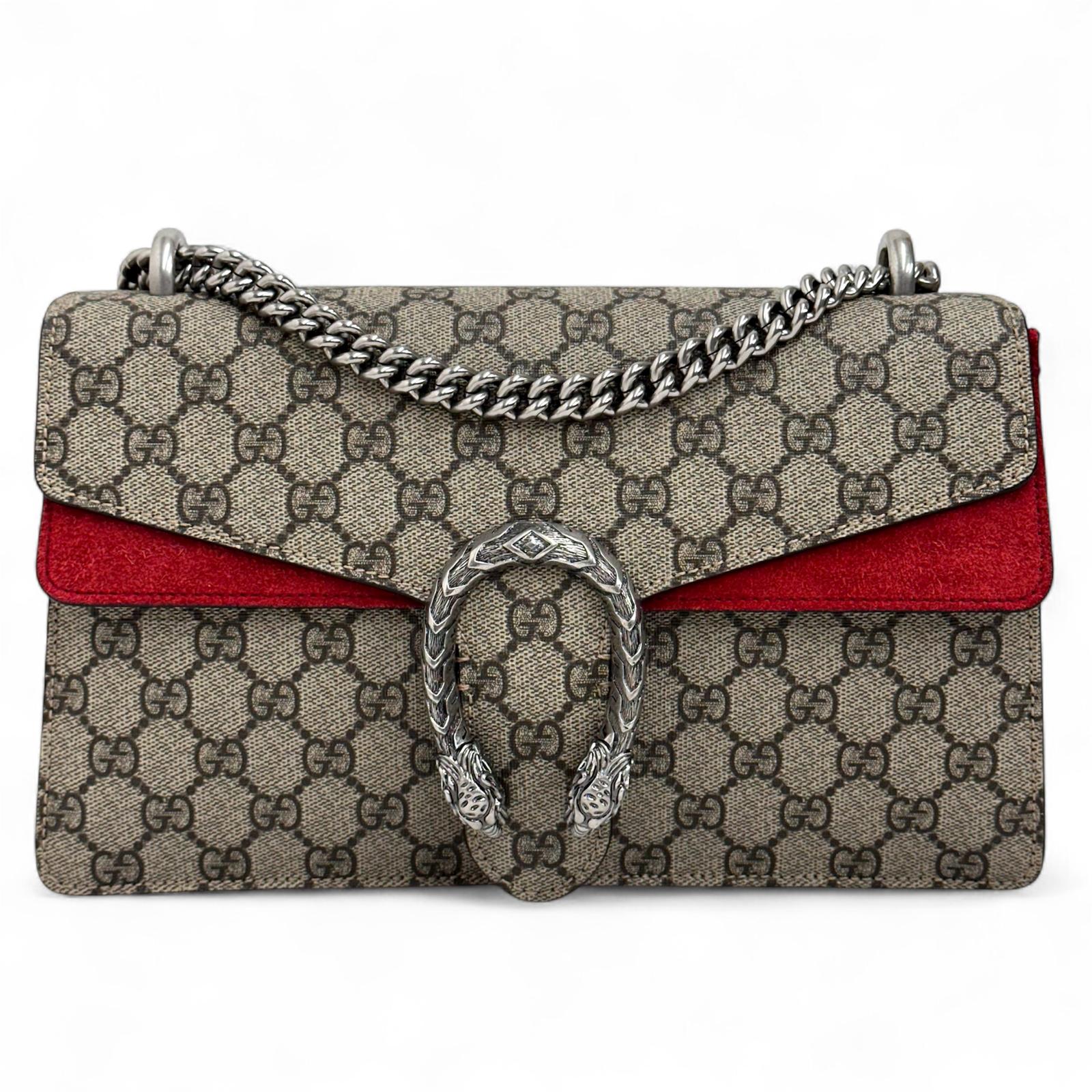 Gucci Borsa a Spalla Dionysus GG Supreme Grande con Dettaglio in Suede Rosso