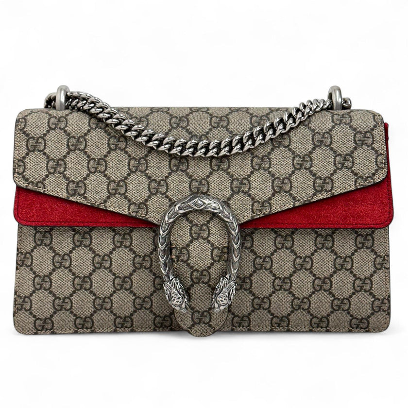 Gucci Borsa a Spalla Dionysus GG Supreme Grande con Dettaglio in Suede Rosso
