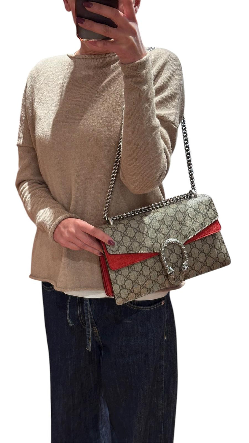 Gucci Borsa a Spalla Dionysus GG Supreme Grande con Dettaglio in Suede Rosso
