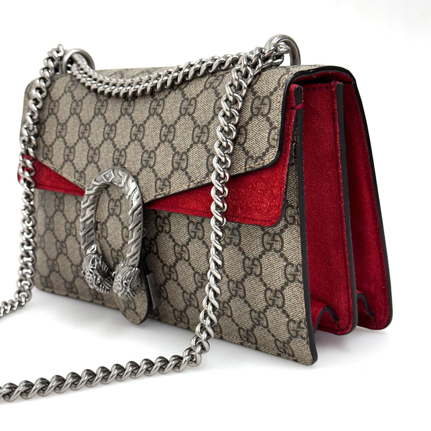 Gucci Borsa a Spalla Dionysus GG Supreme Grande con Dettaglio in Suede Rosso