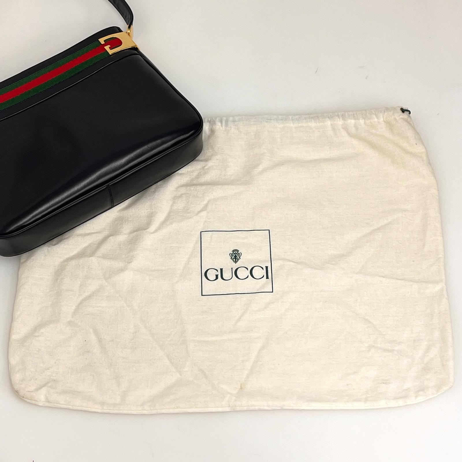 Gucci Borsa a Spalla Vintage in Pelle Nera con Fascia Web