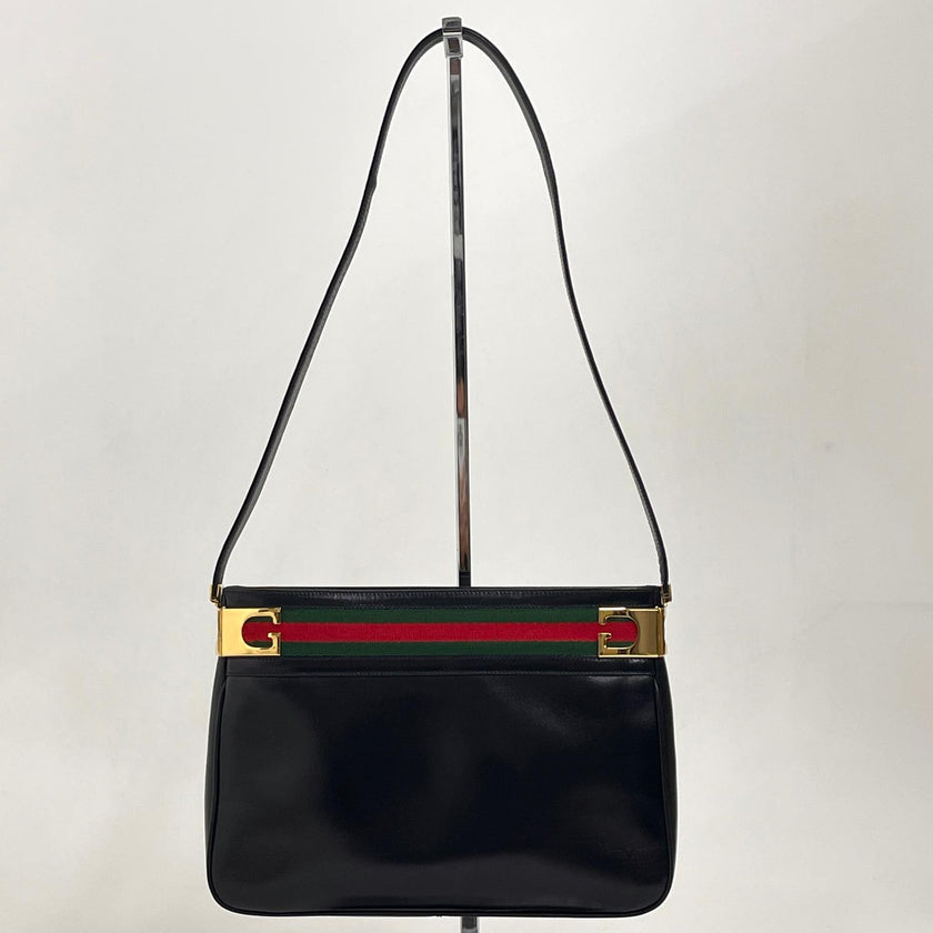 Gucci Borsa a Spalla Vintage in Pelle Nera con Fascia Web