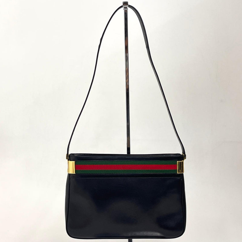 Gucci Borsa a Spalla Vintage in Pelle Nera con Fascia Web