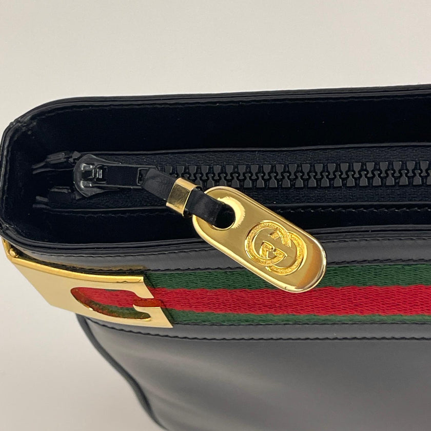 Gucci Borsa a Spalla Vintage in Pelle Nera con Fascia Web