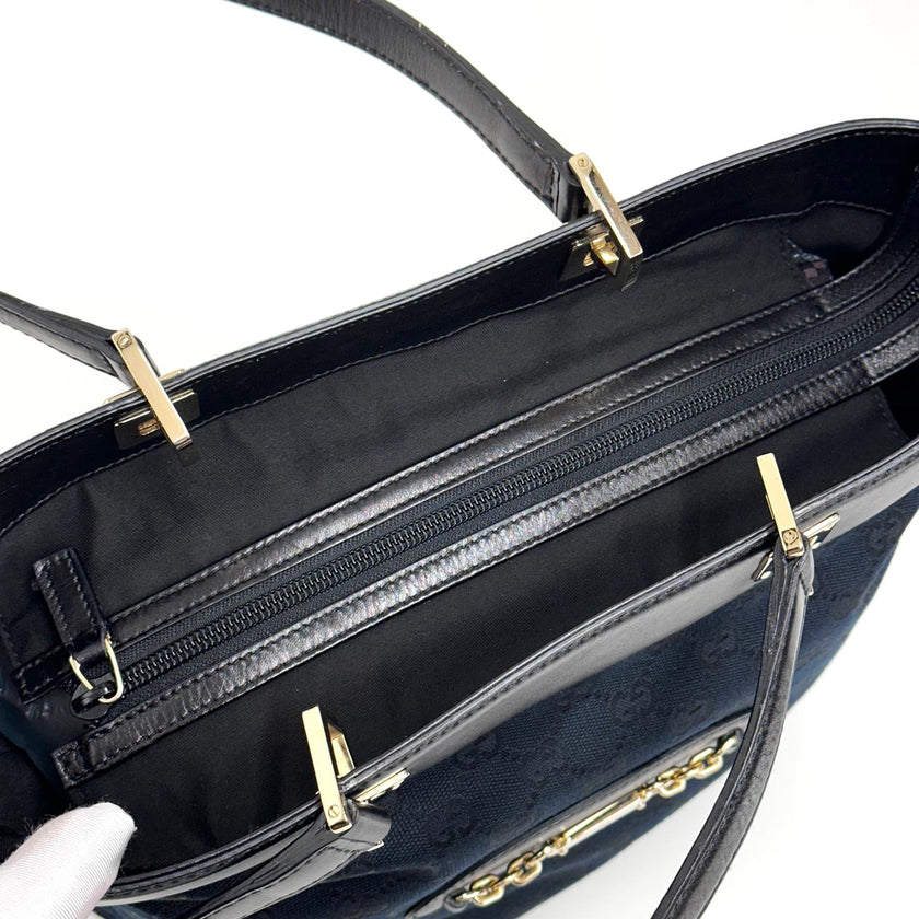 Gucci Borsa a Spalla in Tessuto GG Nero e Pelle