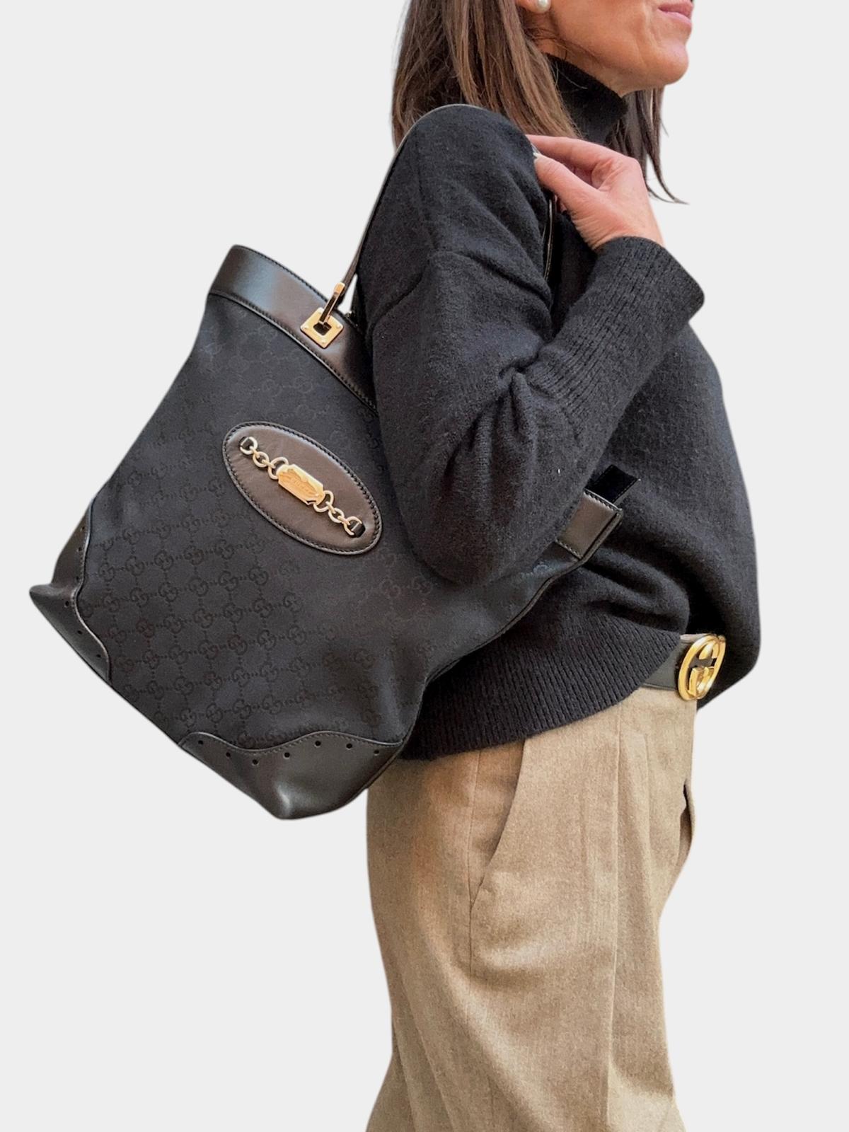 Gucci Borsa a Spalla in Tessuto GG Nero e Pelle