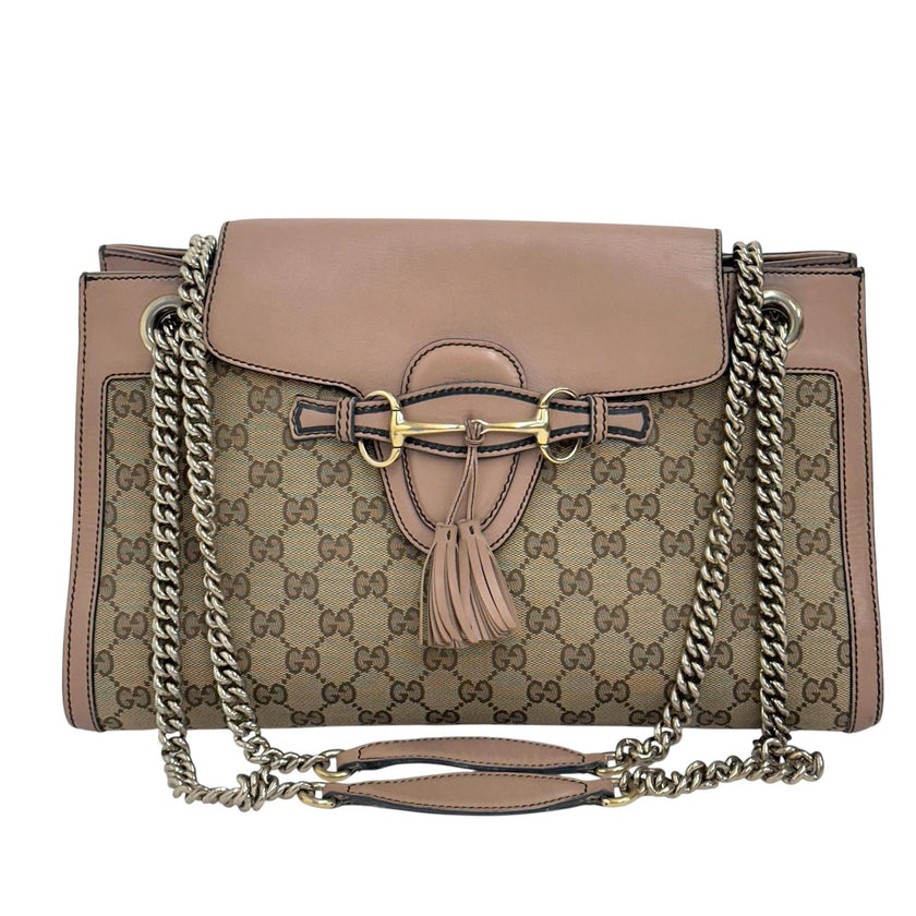 Gucci Borsa a spalla Emily GG Supreme beige rosa cipria con catena