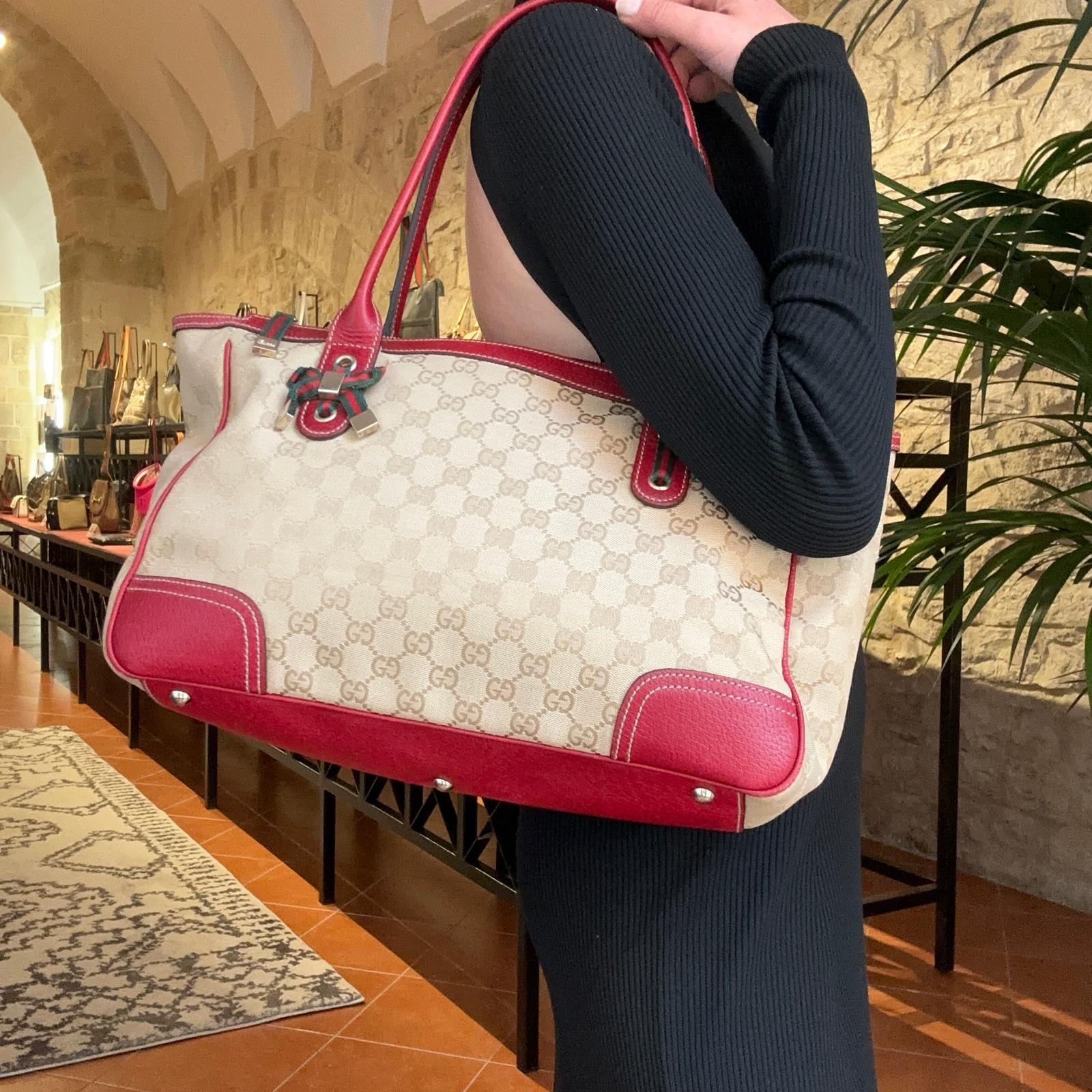 Gucci Borsa a spalla GG Canvas Beige Pelle Rossa