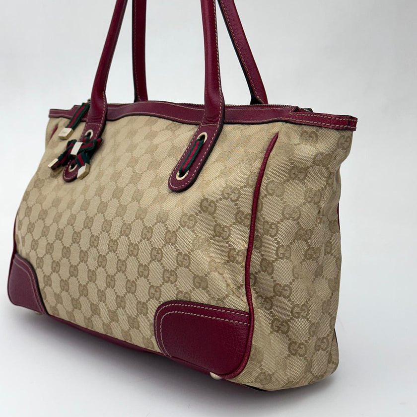 Gucci Borsa a spalla GG Canvas Beige Pelle Rossa
