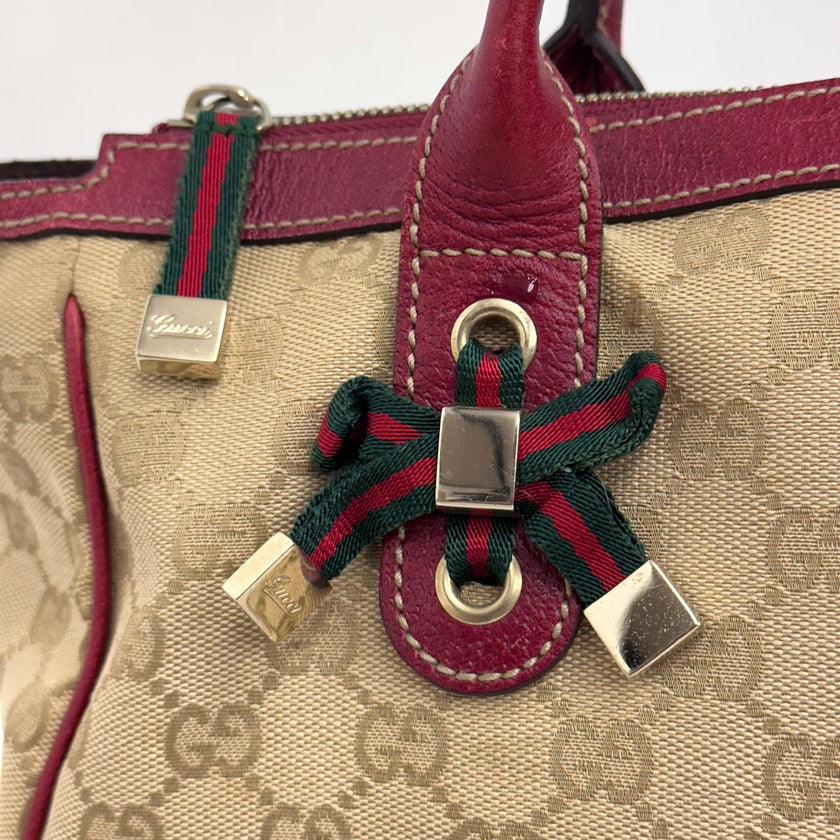 Gucci Borsa a spalla GG Canvas Beige Pelle Rossa