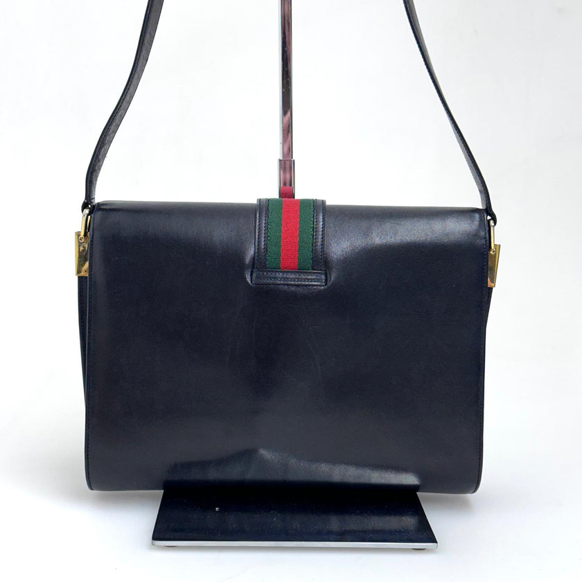 Gucci Borsa a spalla Sylvie vintage in pelle nera con nastro Web