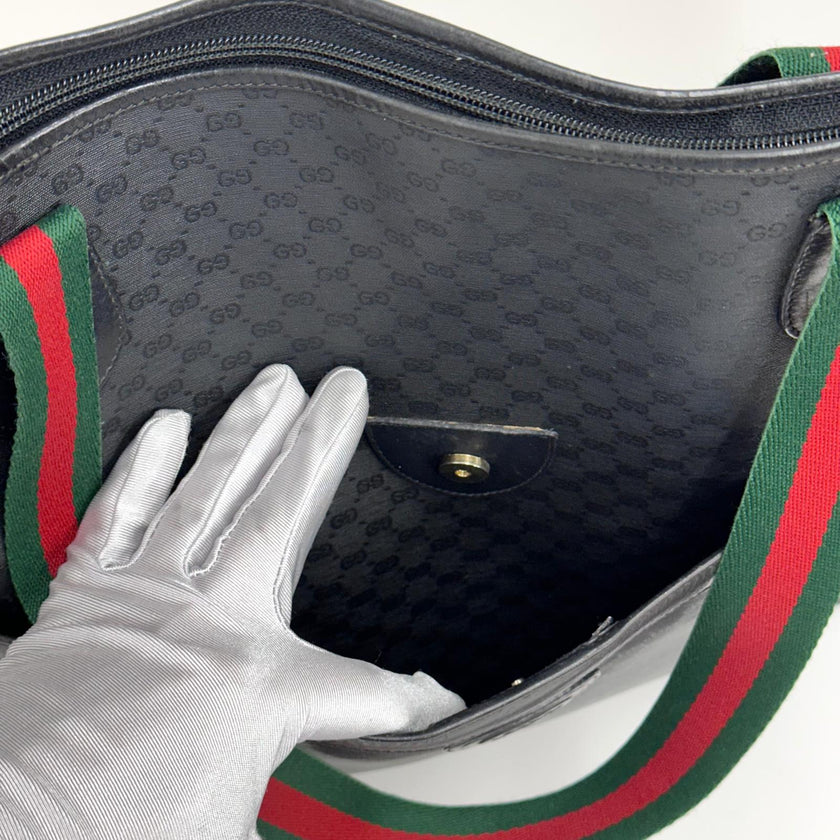 Gucci Borsa a spalla tote vintage in pelle nera micro monogram con nastro Web