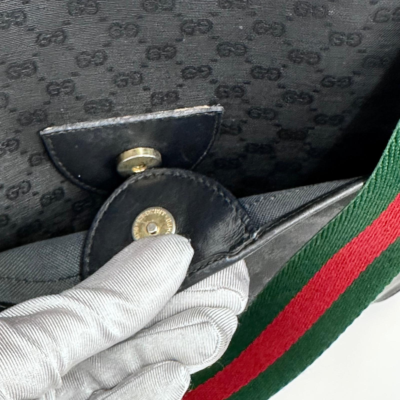 Gucci Borsa a spalla tote vintage in pelle nera micro monogram con nastro Web