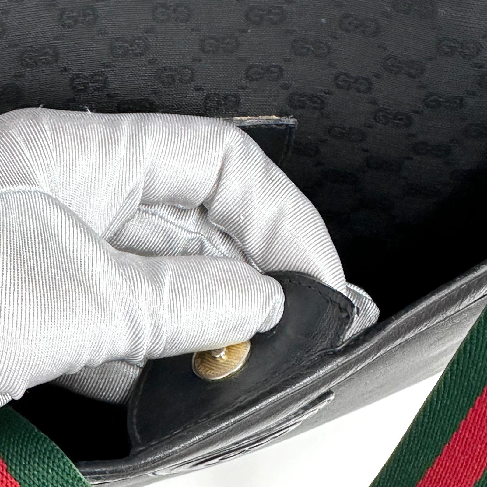 Gucci Borsa a spalla tote vintage in pelle nera micro monogram con nastro Web