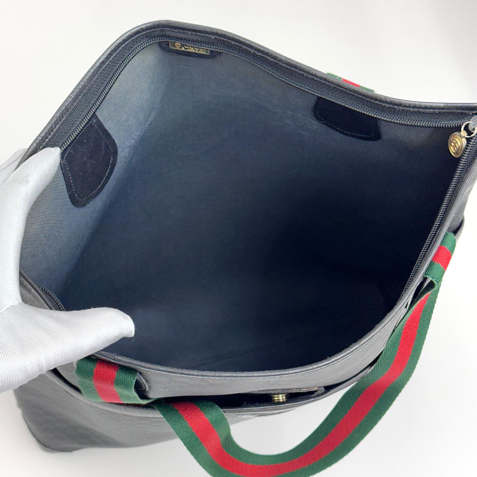 Gucci Borsa a spalla tote vintage in pelle nera micro monogram con nastro Web