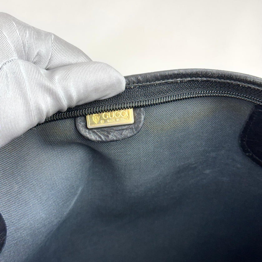 Gucci Borsa a spalla tote vintage in pelle nera micro monogram con nastro Web