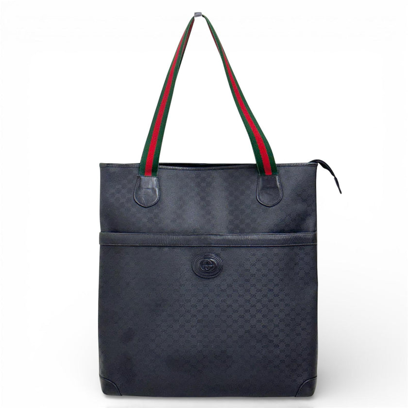Gucci Borsa a spalla tote vintage in pelle nera micro monogram con nastro Web
