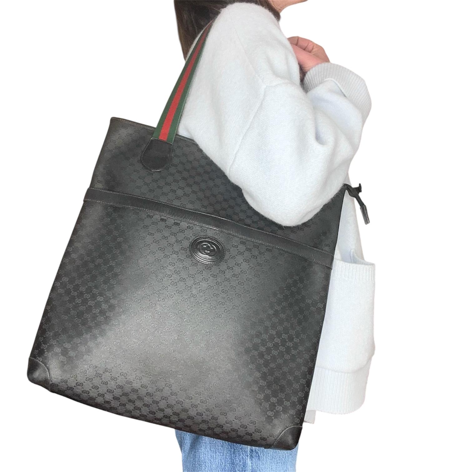 Gucci Borsa a spalla tote vintage in pelle nera micro monogram con nastro Web