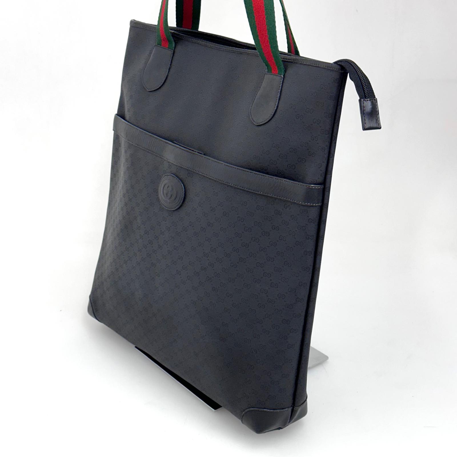 Gucci Borsa a spalla tote vintage in pelle nera micro monogram con nastro Web