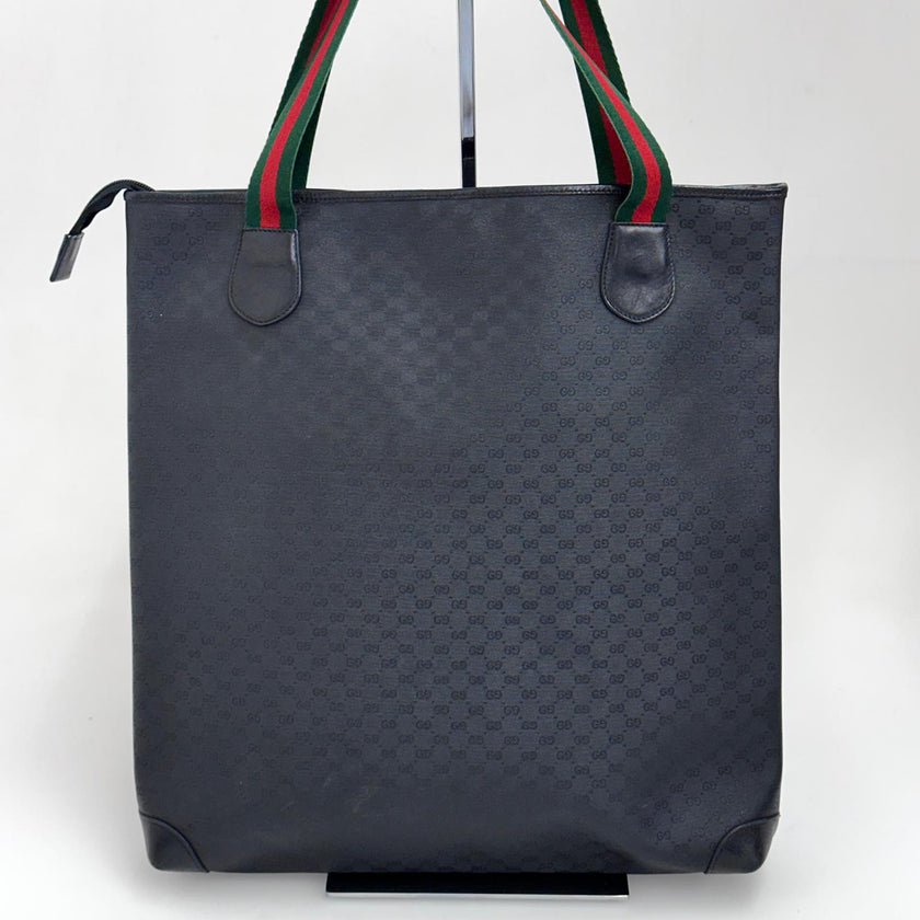 Gucci Borsa a spalla tote vintage in pelle nera micro monogram con nastro Web