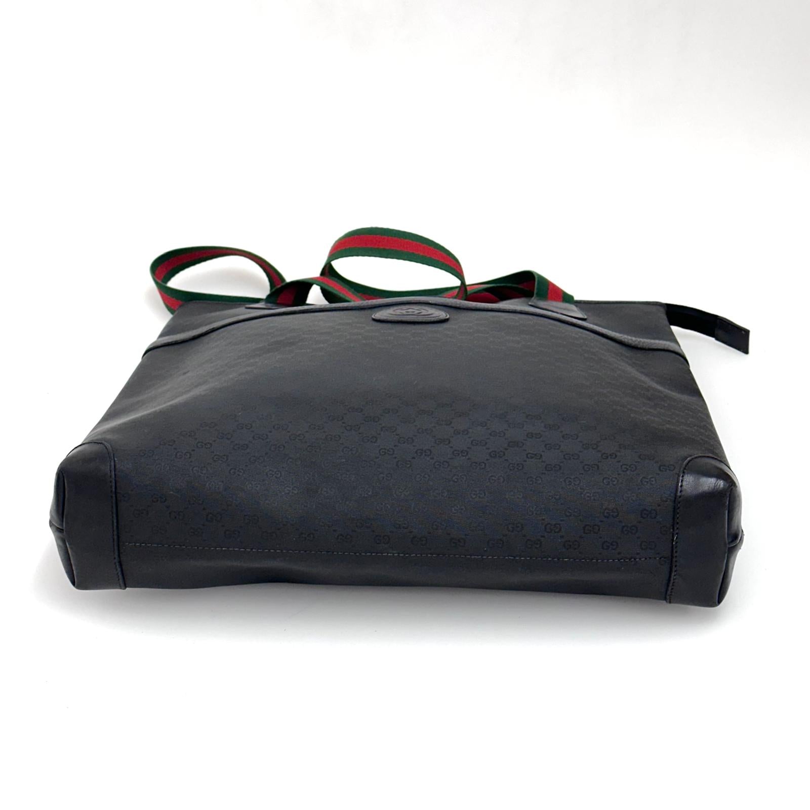 Gucci Borsa a spalla tote vintage in pelle nera micro monogram con nastro Web