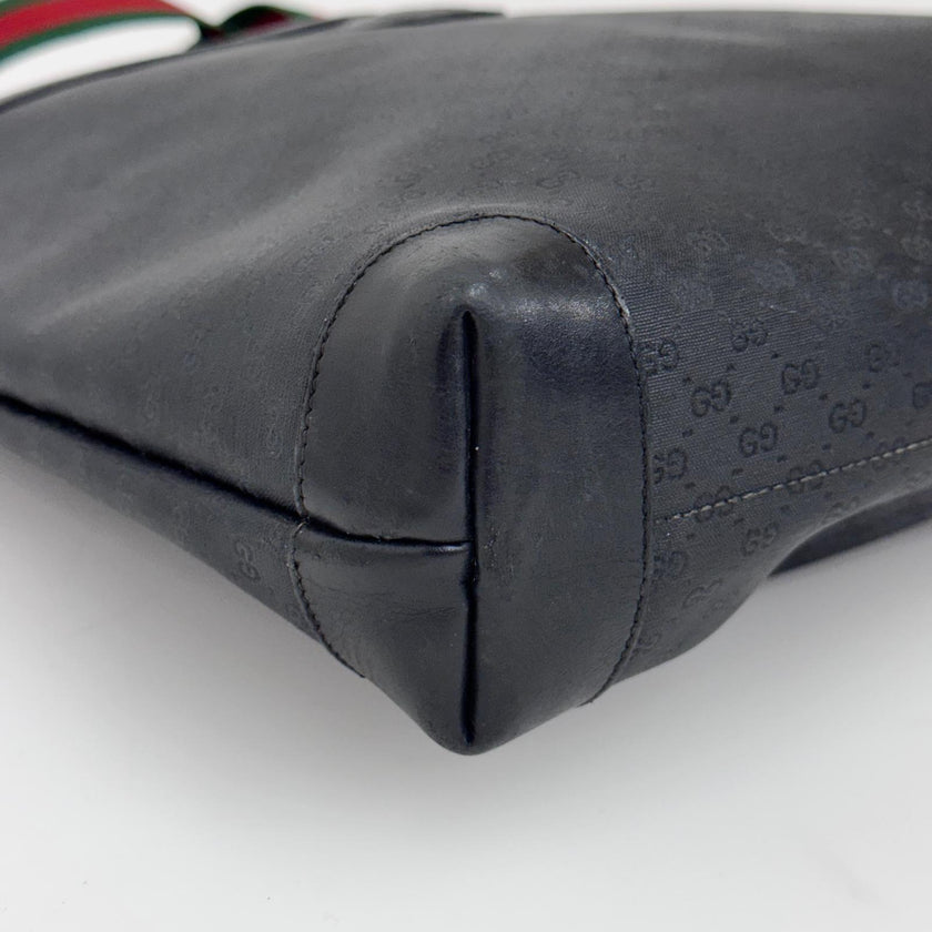 Gucci Borsa a spalla tote vintage in pelle nera micro monogram con nastro Web