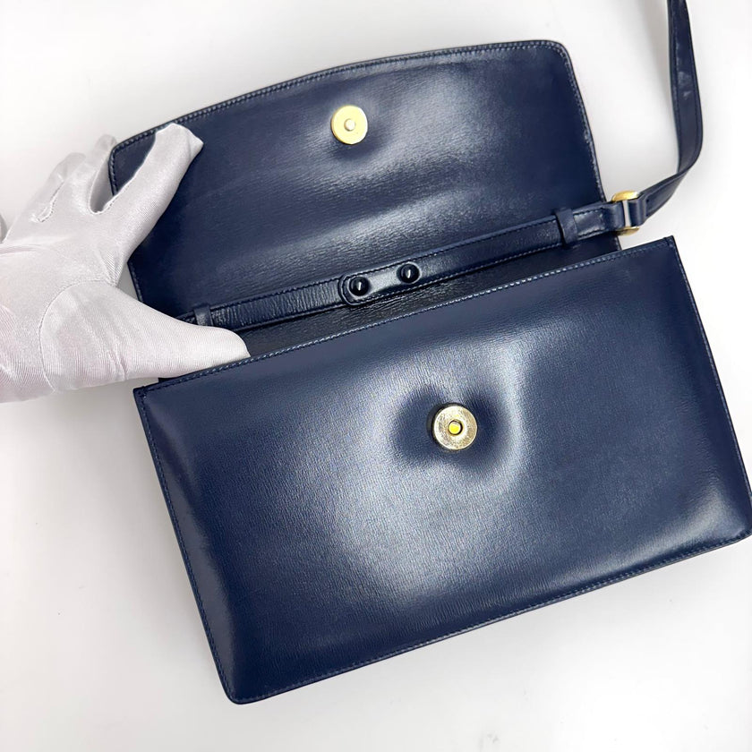 Gucci Borsa a tracolla in pelle blu con logo GG oro anni ‘80