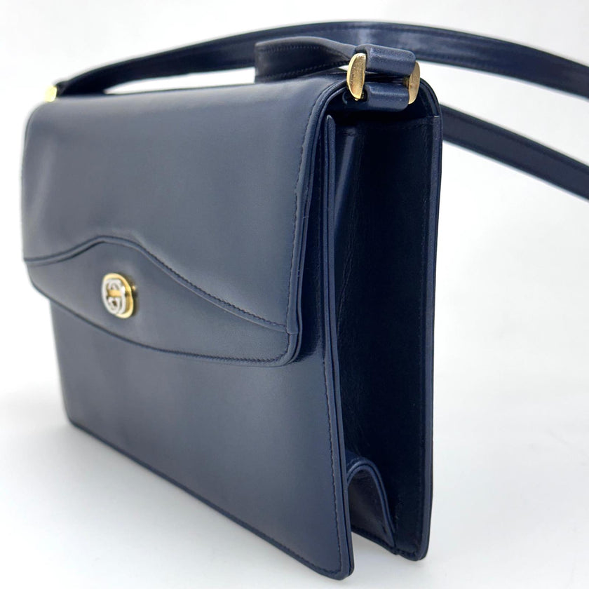Gucci Borsa a tracolla in pelle blu con logo GG oro anni ‘80