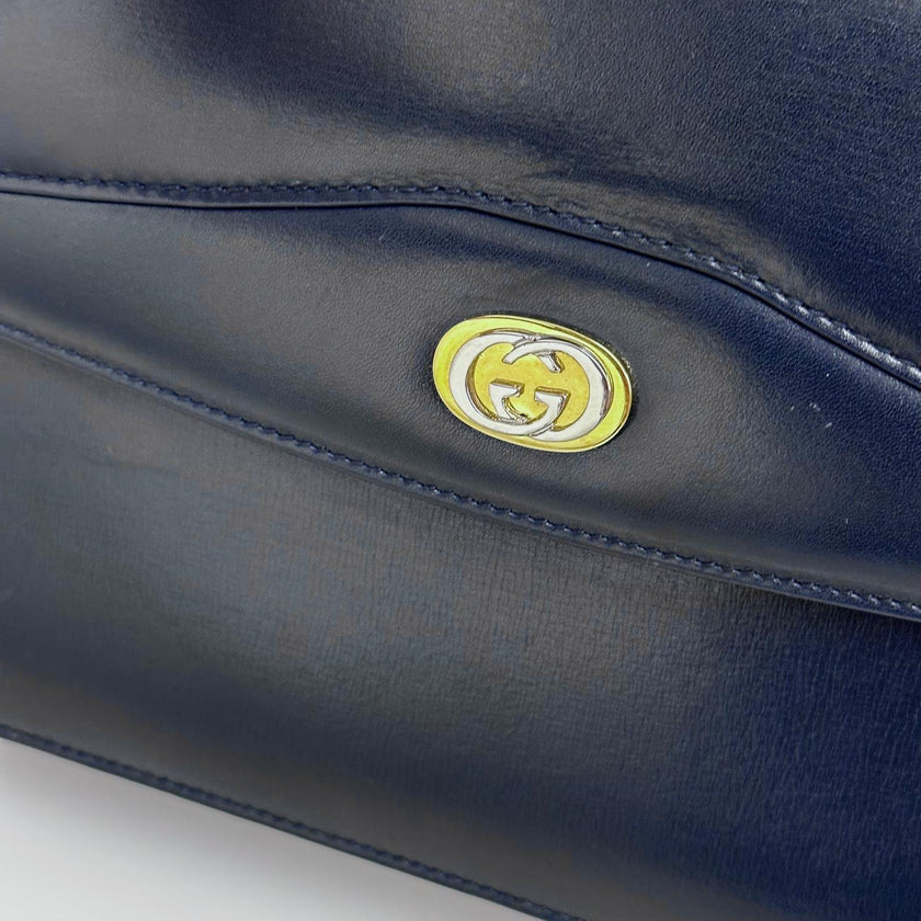 Gucci Borsa a tracolla in pelle blu con logo GG oro anni ‘80