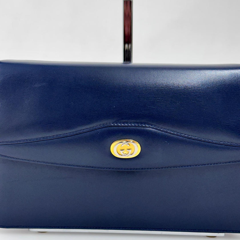 Gucci Borsa a tracolla in pelle blu con logo GG oro anni ‘80