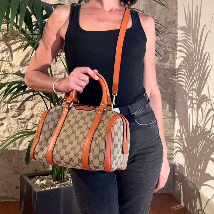Gucci Boston Bag in tela GG Supreme con Dettagli in Pelle Arancio