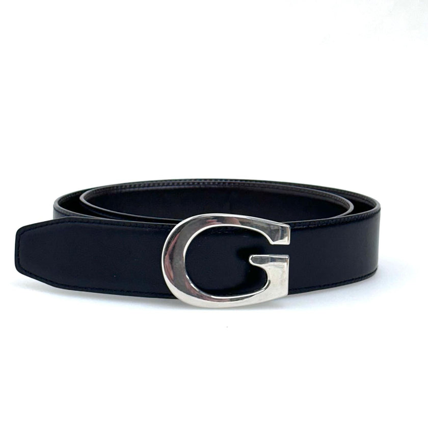 Gucci Cintura in pelle reversibile nera/marrone con fibbia G argento Mis. 80