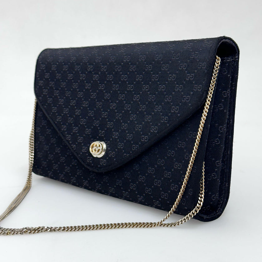 Gucci GG Pochette Monogram Raso Nero con catena argento 1989