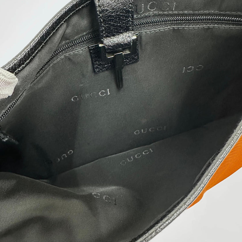 Gucci Jackie Hobo in Nylon Arancio Fluo e Pelle Nera, Finiture Silver