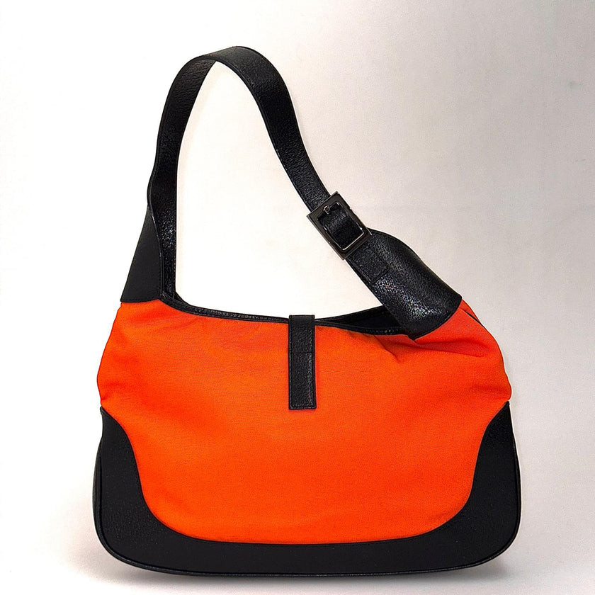 Gucci Jackie Hobo in Nylon Arancio Fluo e Pelle Nera, Finiture Silver
