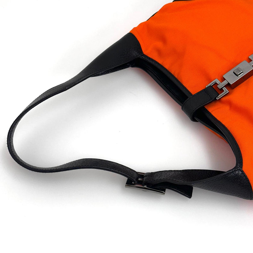 Gucci Jackie Hobo in Nylon Arancio Fluo e Pelle Nera, Finiture Silver