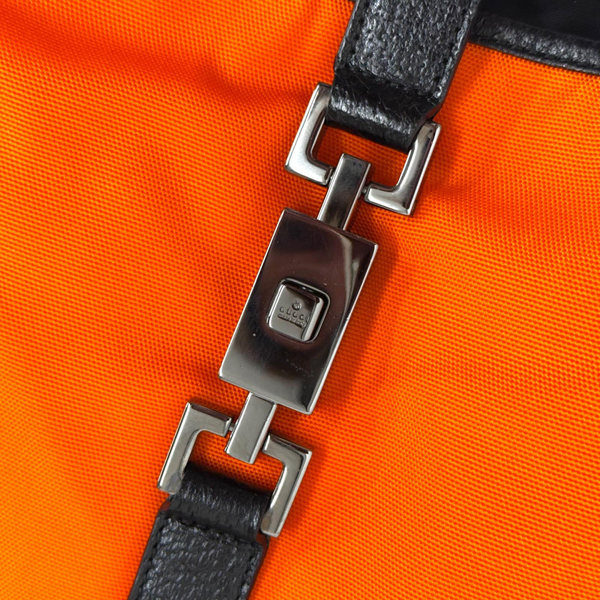 Gucci Jackie Hobo in Nylon Arancio Fluo e Pelle Nera, Finiture Silver