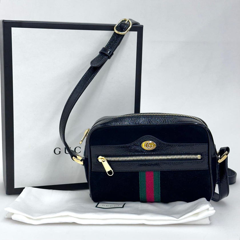 Gucci Ophidia Small Camera Bag in Camoscio Nero e Pelle Verniciata
