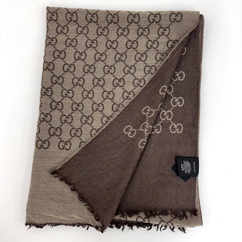 Gucci Sciarpa double face in lana e seta beige e marrone GG monogram