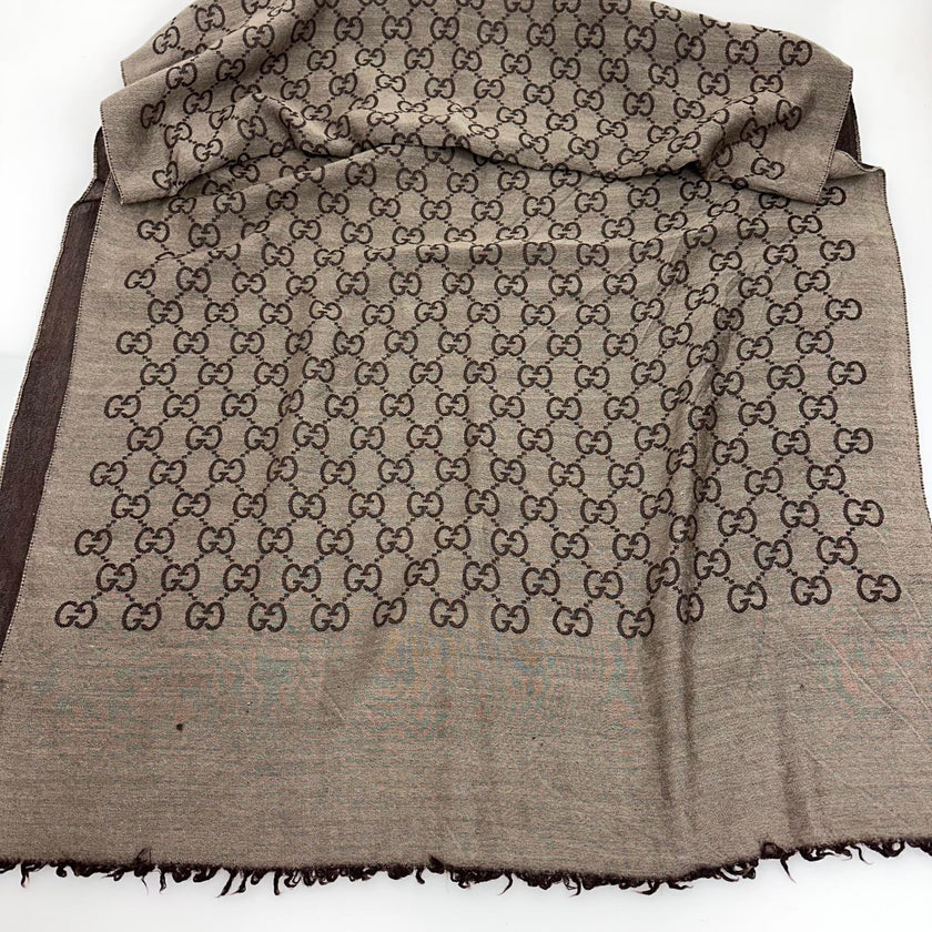 Gucci Sciarpa double face in lana e seta beige e marrone GG monogram