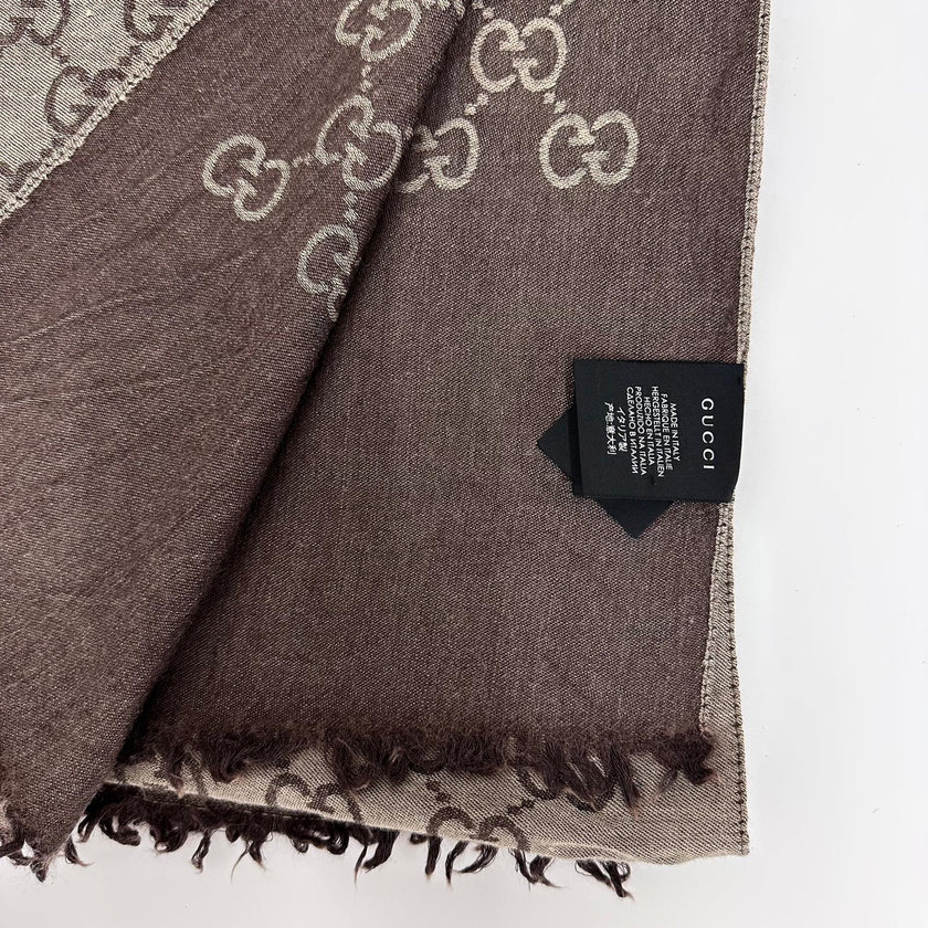 Gucci Sciarpa double face in lana e seta beige e marrone GG monogram