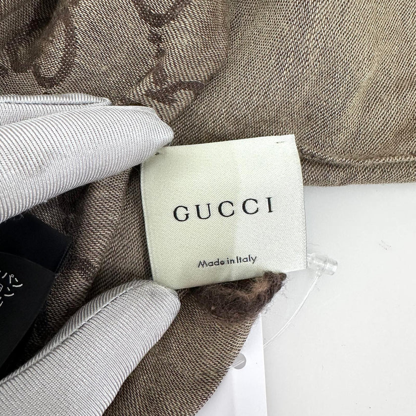 Gucci Sciarpa double face in lana e seta beige e marrone GG monogram