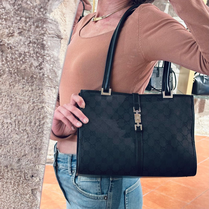 Gucci Borsa Jackie Tote Vintage a Spalla in Tessuto GG Nero e Pelle