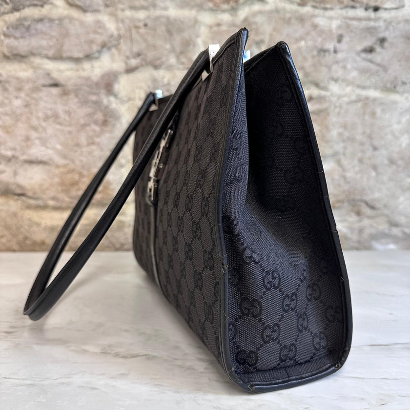 Gucci Borsa Jackie Tote Vintage a Spalla in Tessuto GG Nero e Pelle