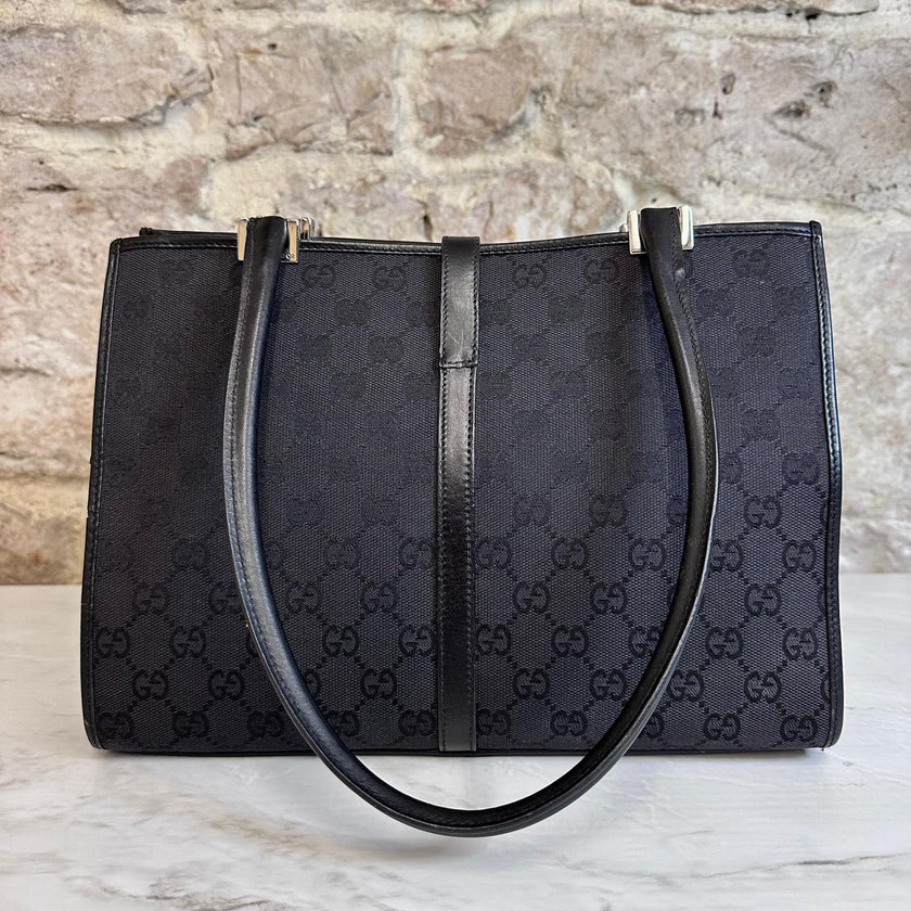 Gucci Borsa Jackie Tote Vintage a Spalla in Tessuto GG Nero e Pelle