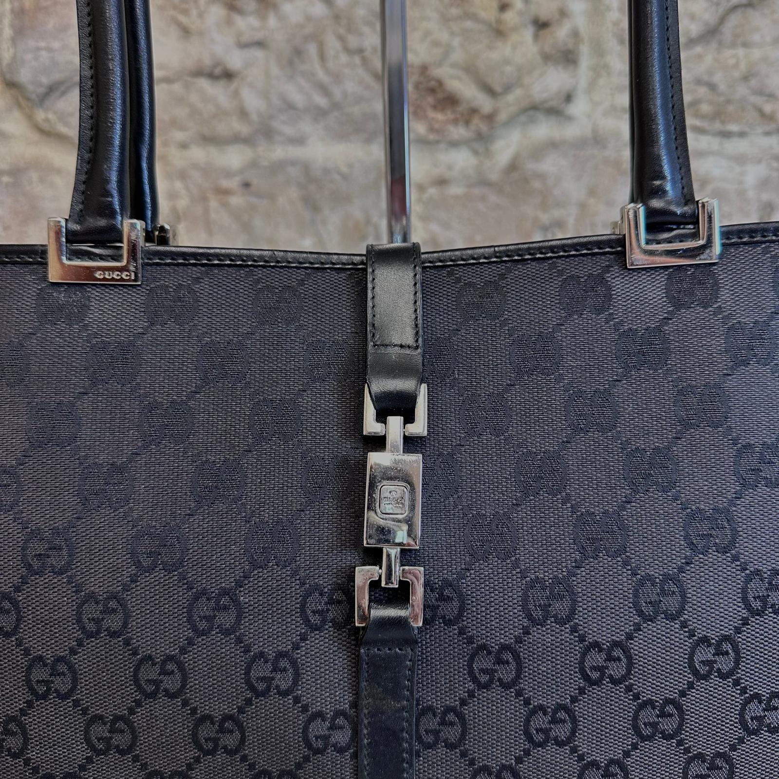 Gucci Borsa Jackie Tote Vintage a Spalla in Tessuto GG Nero e Pelle