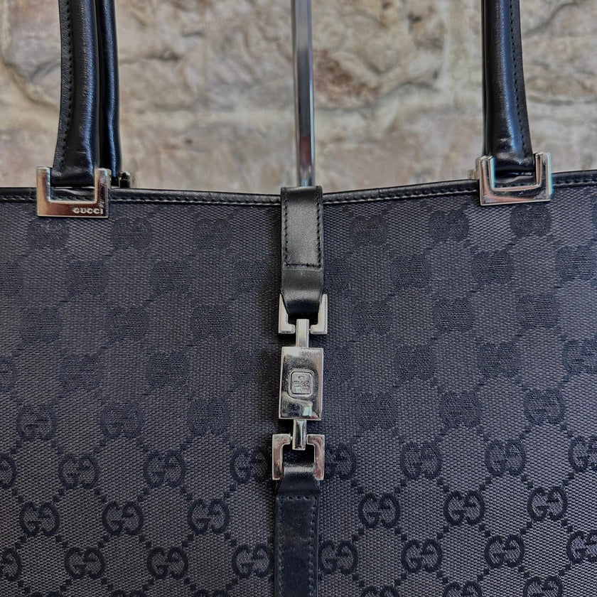 Gucci Borsa Jackie Tote Vintage a Spalla in Tessuto GG Nero e Pelle