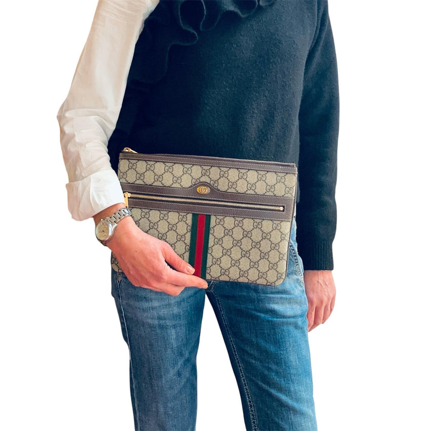 Gucci borsa Clutch GG Supreme con Web verde/rosso