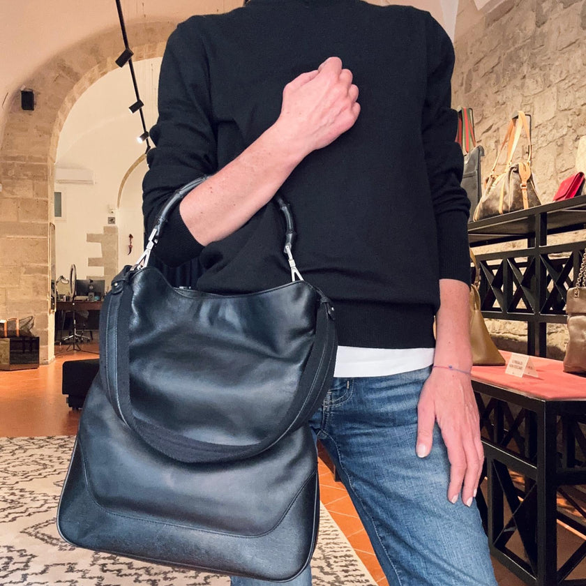 Gucci borsa a spalla pelle nera Bamboo hobo