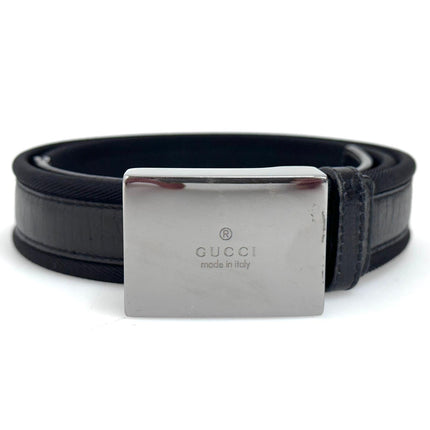 Gucci cintura in pelle e tela nera con fibbia argento Mis. 80